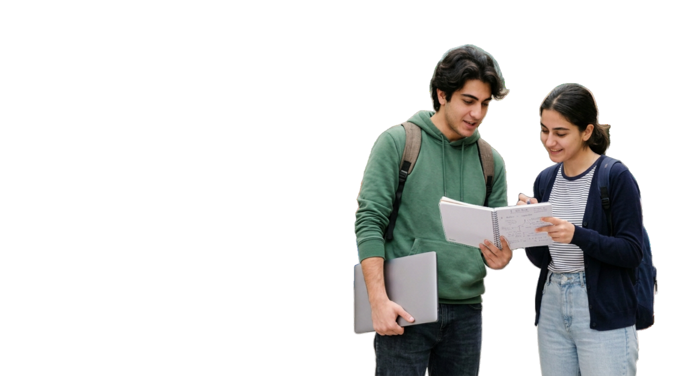 İki tələbə bir dəftərə baxaraq peşə seçimini müzakirə edir